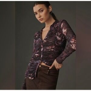 Pilcro Anthropologie Ruched Mesh Button Down Top Purple Floral Landscape XS